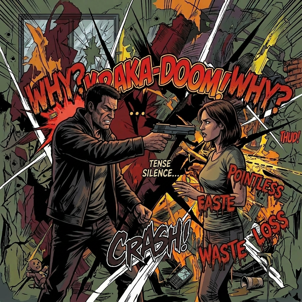 A man angrily points a gun at a woman amid a chaotic, damaged room with broken walls and flying debris; words 'WHY? KRAKA-DOOM! WHY?', 'TENSE SILENCE...', 'CRASH!', 'POINTLESS', 'WASTE', 'EASTE', and 'LOSS' appear around them.